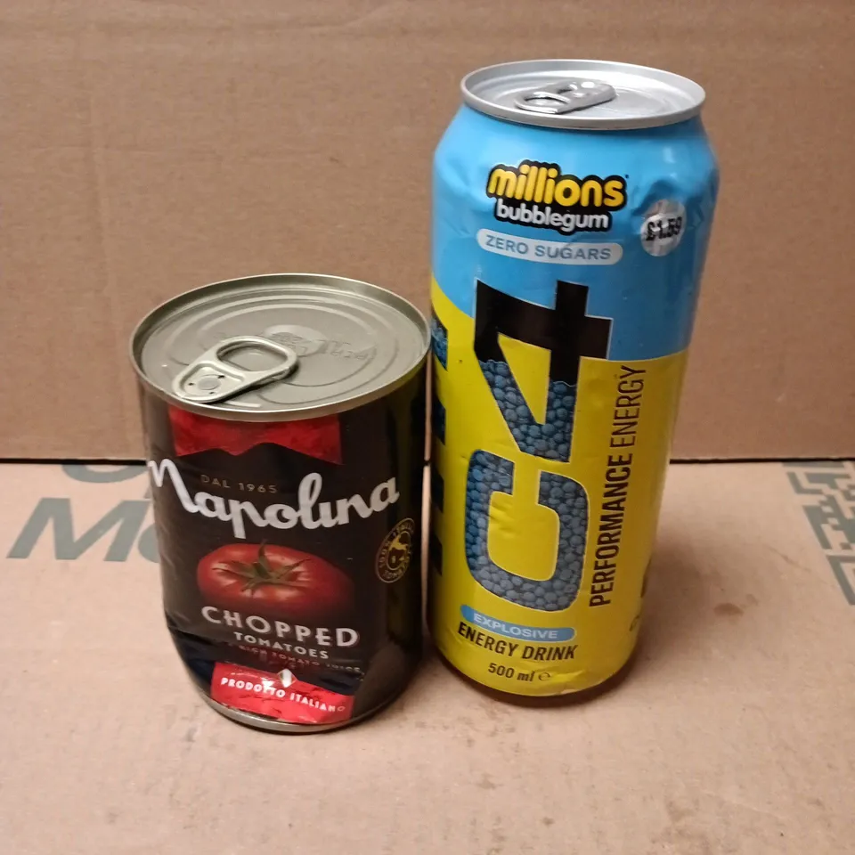 APPROXIMATELY 10 ASSORTED FOOD/DRINK PRODUCTS TO INCLUDE CHOPPED TOMATOES & C4 DRINK 