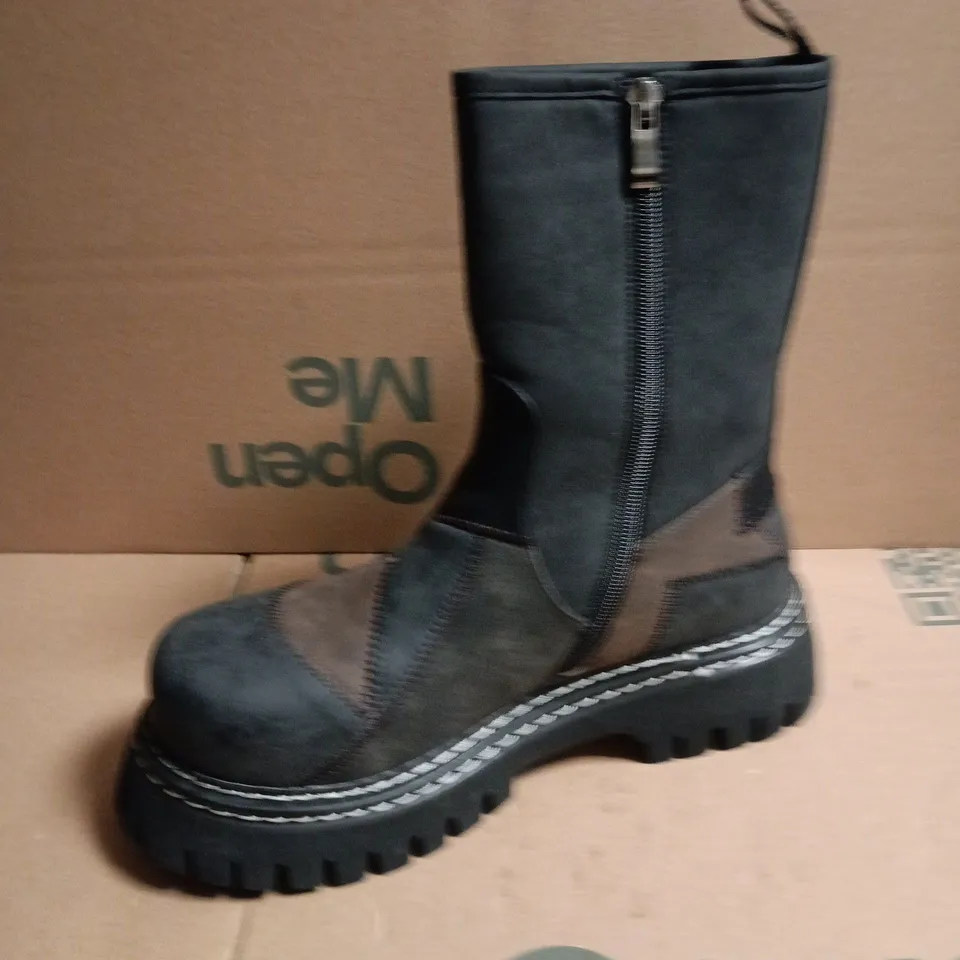 BOXED KO WOMEN'S LEATHER LOOK PATCHWORK KNEE-HIGH BOOTS – BLACK & BROWN, SIDE ZIP - 6