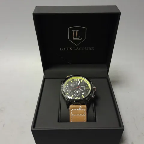 MENS LOUIS LACOMBE CHRONGRAPH WATCH – 3 SUB DIALS – BLACK CASE – LEATHER STRAP