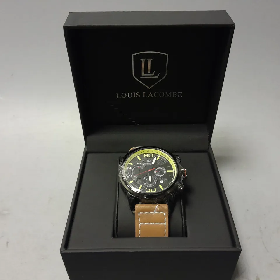 MENS LOUIS LACOMBE CHRONGRAPH WATCH – 3 SUB DIALS – BLACK CASE – LEATHER STRAP