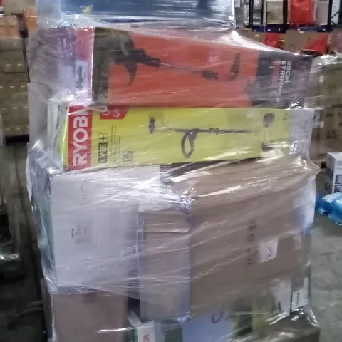 PALLET OF APPROXIMATELY 14 ASSORTED ELECTRICAL ITEMS TO INCLUDE STRIMMERS, SAWS , LAWNMOWERS , ETC