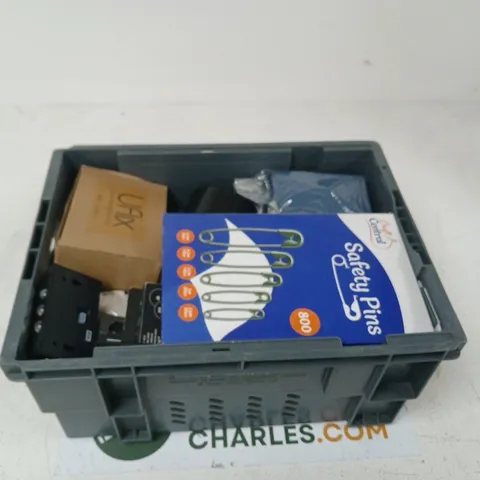 ASSORTED SAFETY PINS AND HARDWARE IN GREY PLASTIC TOTE