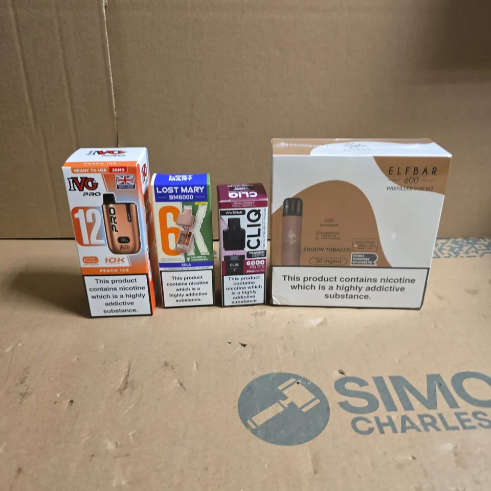 LOT OF APPROXIMATELY 20 ASSORTED ELECTRONIC CIGARETTE ITEMS TO INCLUDE CLIQ REPLACEMENT PODS, ELFBAR 600 PREFILLED POD KIT AND IVG PRO