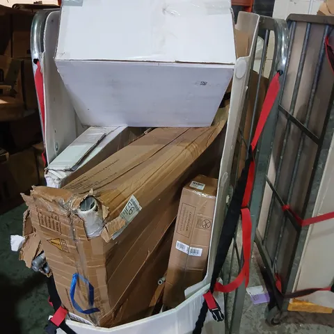 CAGE OF ASSORTED PRODUCTS TO INCLUDE; BEDFRAME PARTS, OTTERSBROCK ORGANIC LEAF DECORATIVE BOWL AND DECORATION