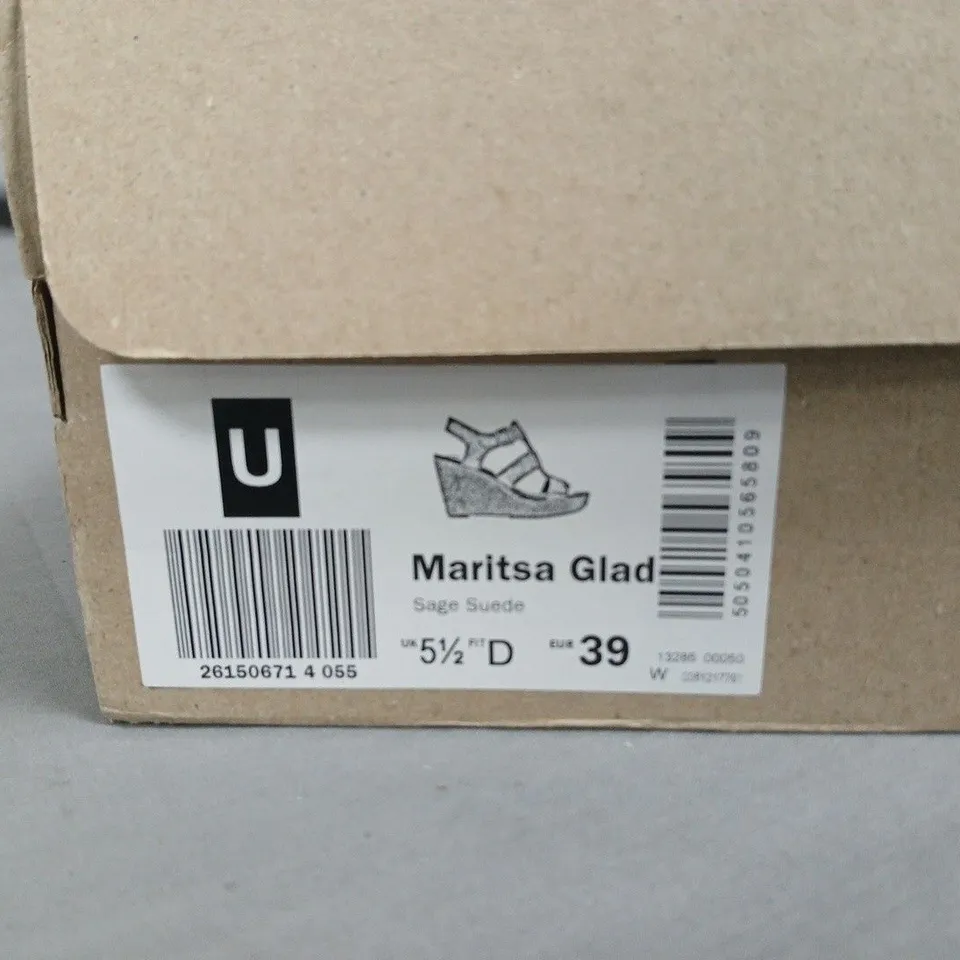 BOXED CLARKS MARITSA GLAD SAGE SUEDE WEDGE SANDALS – UK 5.5 FIT-D