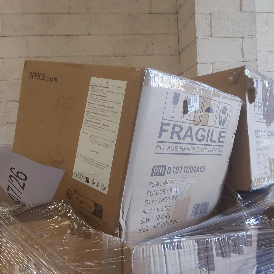 PALLET CONTAINING A VERY LARGE QUANTITY OF ASSORTED ITEMS INCLUDING: OFFICE STOOLS, VANITY STOOL, PET INTERACTIVE FURNITURE, EXERCISE BENCHES ECT