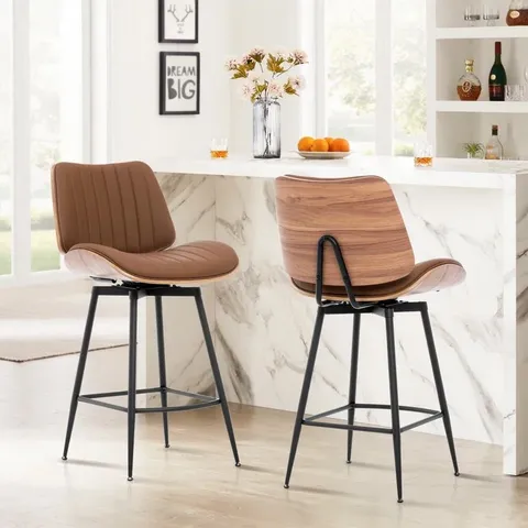 BOXED PAIR OF WALNUT BENTWOOD & FAUX LEATHER SWIVEL BAR STOOLS WITH METAL LEGS