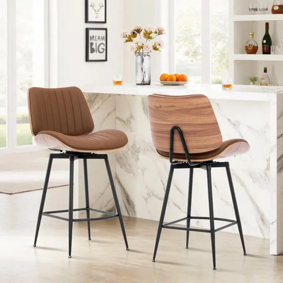 BOXED PAIR OF WALNUT BENTWOOD & FAUX LEATHER SWIVEL BAR STOOLS WITH METAL LEGS