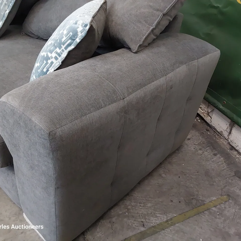 DESIGNER THREE SEATER SOFA GREY FABRIC WITH SCATTER CUSHIONS 