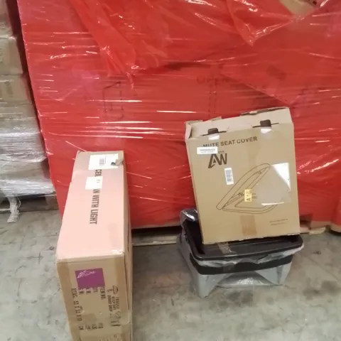 PALLET OF ASSORTED HOUSEHOLD GOODS AND PRODUCTS TO INCLUDE;TOILET SEAT COVER,CEILING FAN WITH LIGHT,STORAGE BOX