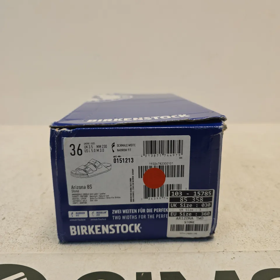 BIRKENSTOCK ARIZONA SANDALS, STONE/GRAY, UK 3 (EU 36) – BOXED