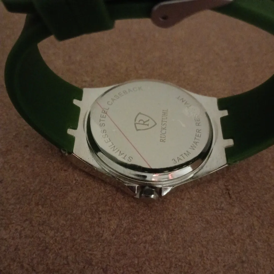 RUCKSTUHL SILVER COLOUR WRISTWATCH WITH GREEN RUBBER STRAP 