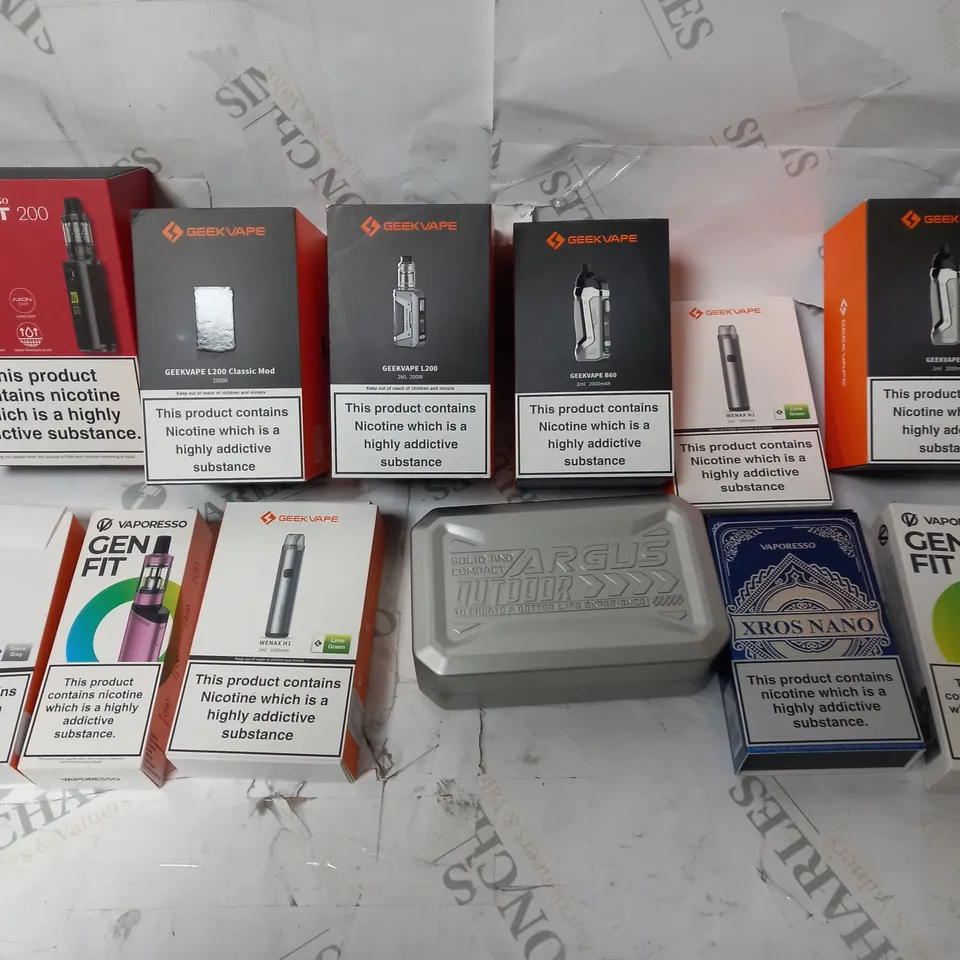 BOX OF APPROX 12 ASSORTED E-CIGARETTES TO INCLUDE - VOOPOO ARGUS OUTDOOR - GEEKVAPE WENAX H1 - VAPORESSO GEN FIT