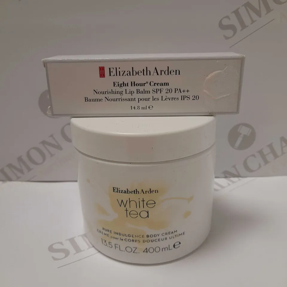LOT OF 2 ELIZABETH ARDEN PRODUCTS TO INCLUDE EIGHT HOUR CREAM 14.8ML & WHITE TEA BODY CREAM 400ML 