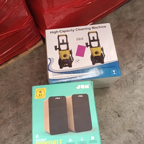PALLET OF ASSORTED ITEMS INCLUDING -HIGH CAPACITY CLEANING MACHINE, BLUETOOTH BOOKSHELF SPEAKERS 