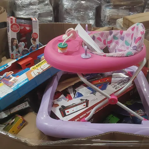 PALLET CONTAINING A LARGE QUANTITY OF ASSORTED TOYS INCLUDING: BABY WALKER, TOY XSHOT GUN, 3-IN-1 TABLETOP MULTI GAME SET, COTTON CANDY MAKER ECT