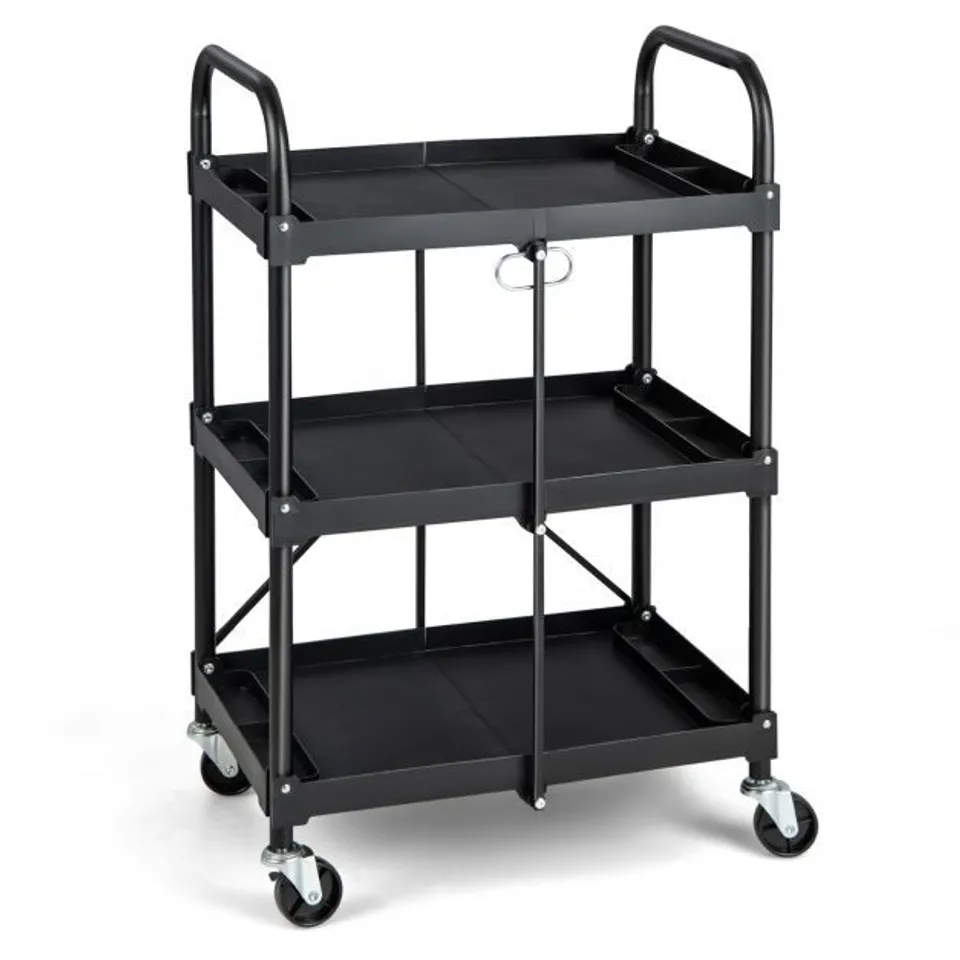 BOXED 3 TIERS FOLDING TOOL TROLLEY WITH LOCKABLE WHEELS AND TOOL GROOVES