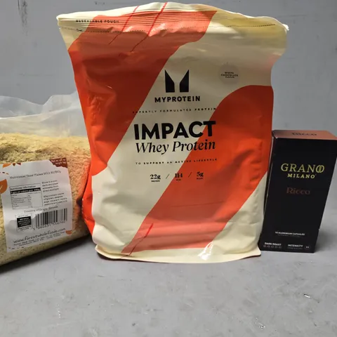 APPROXIMATELY 8 ASSORTED FOOD ITEMS TO INCLUDE - MY PROTEIN IMPACT WHEY PROTEIN WHITE CHOCOLATE , GRANO MILANO RICCO , YEAST FLAKES ETC