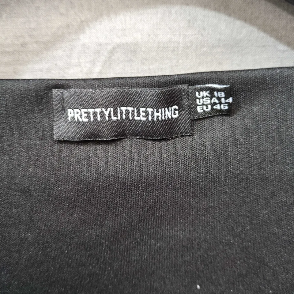 PRETTYLITTLETHING BLACK RUCHED DRESS WITH MESH SLEEVES, UK 16
