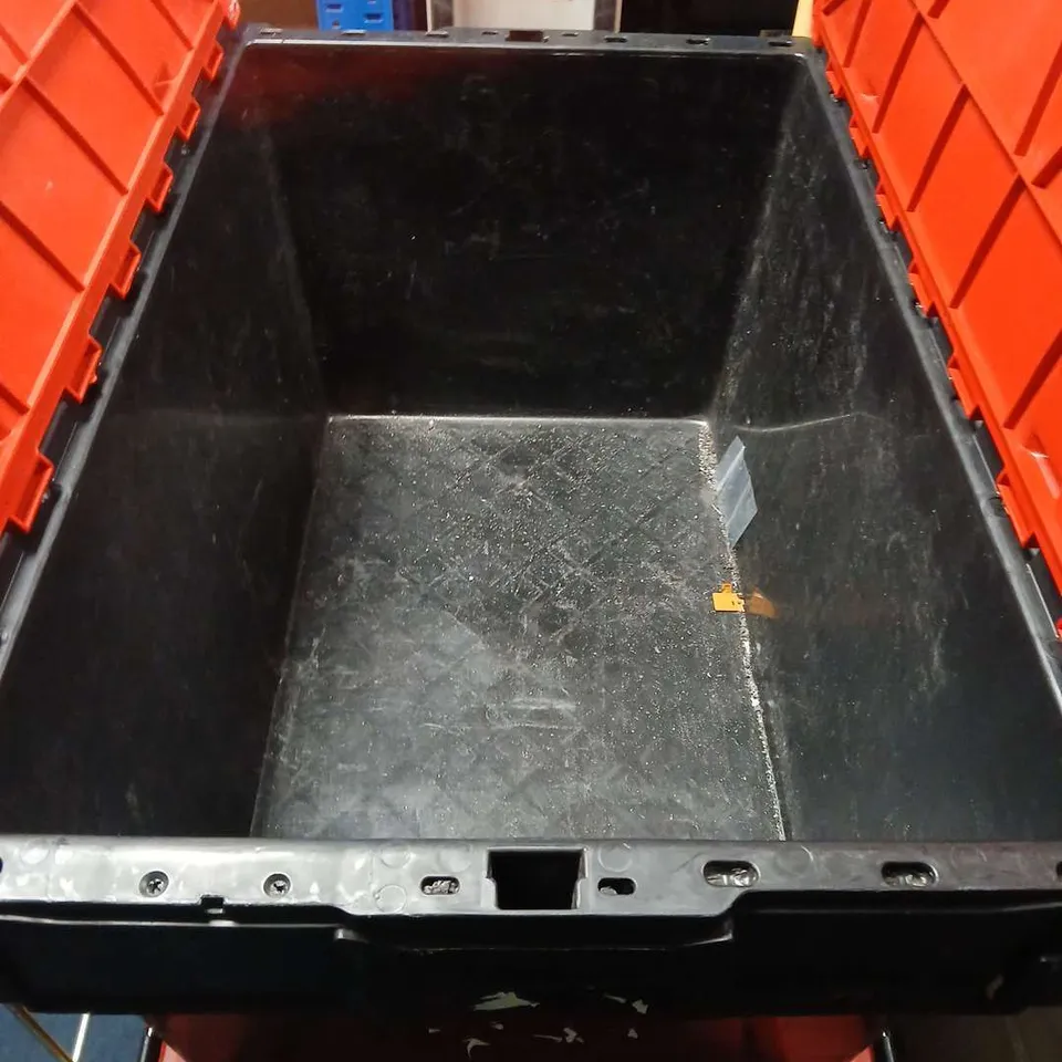 SET OF 3 BLACK PLASTIC STORAGE CRATES WITH RED LIDS - COLLECTION ONLY