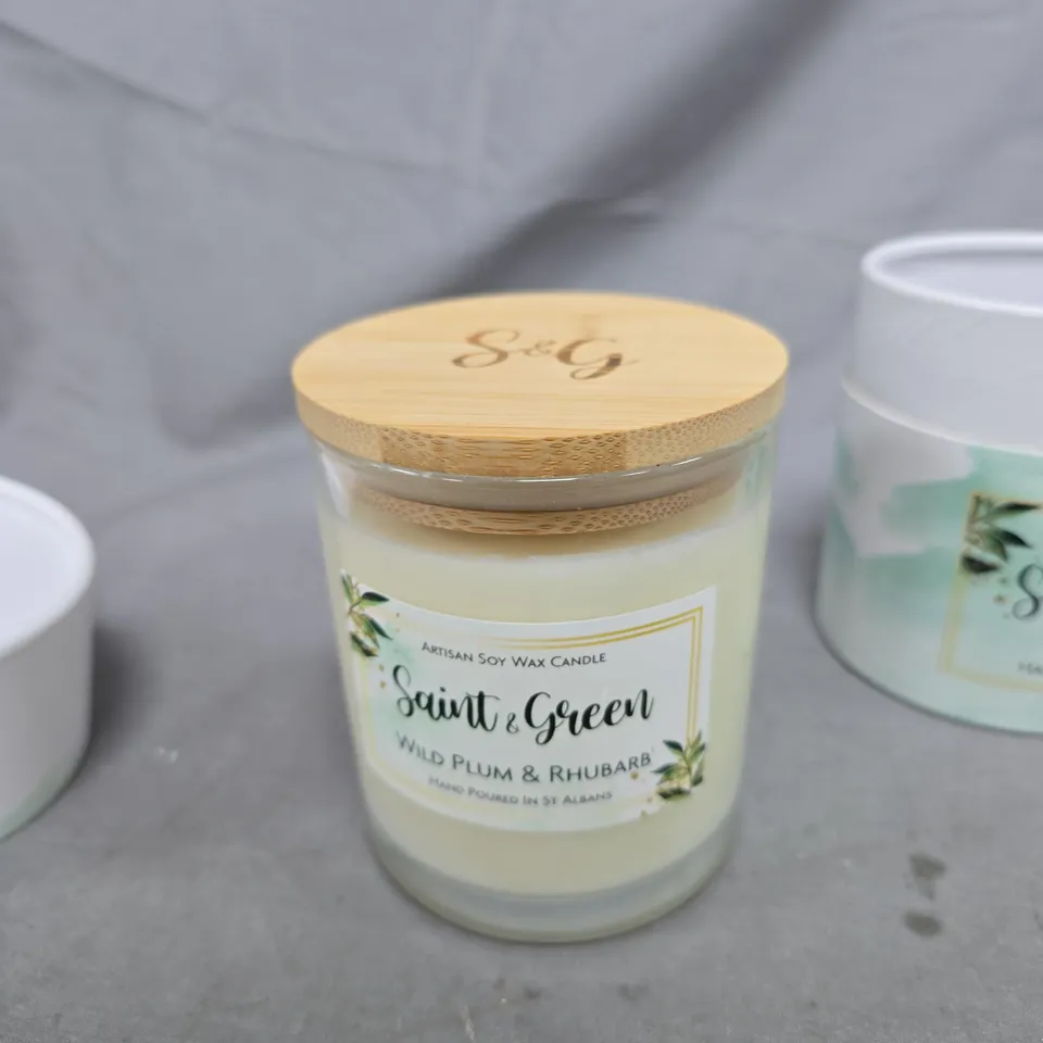SAINT & GREEN ARTISAN SOY WAX CANDLE - WILD PLUM & RHUBARB, HAND POURED IN ST ALBANS