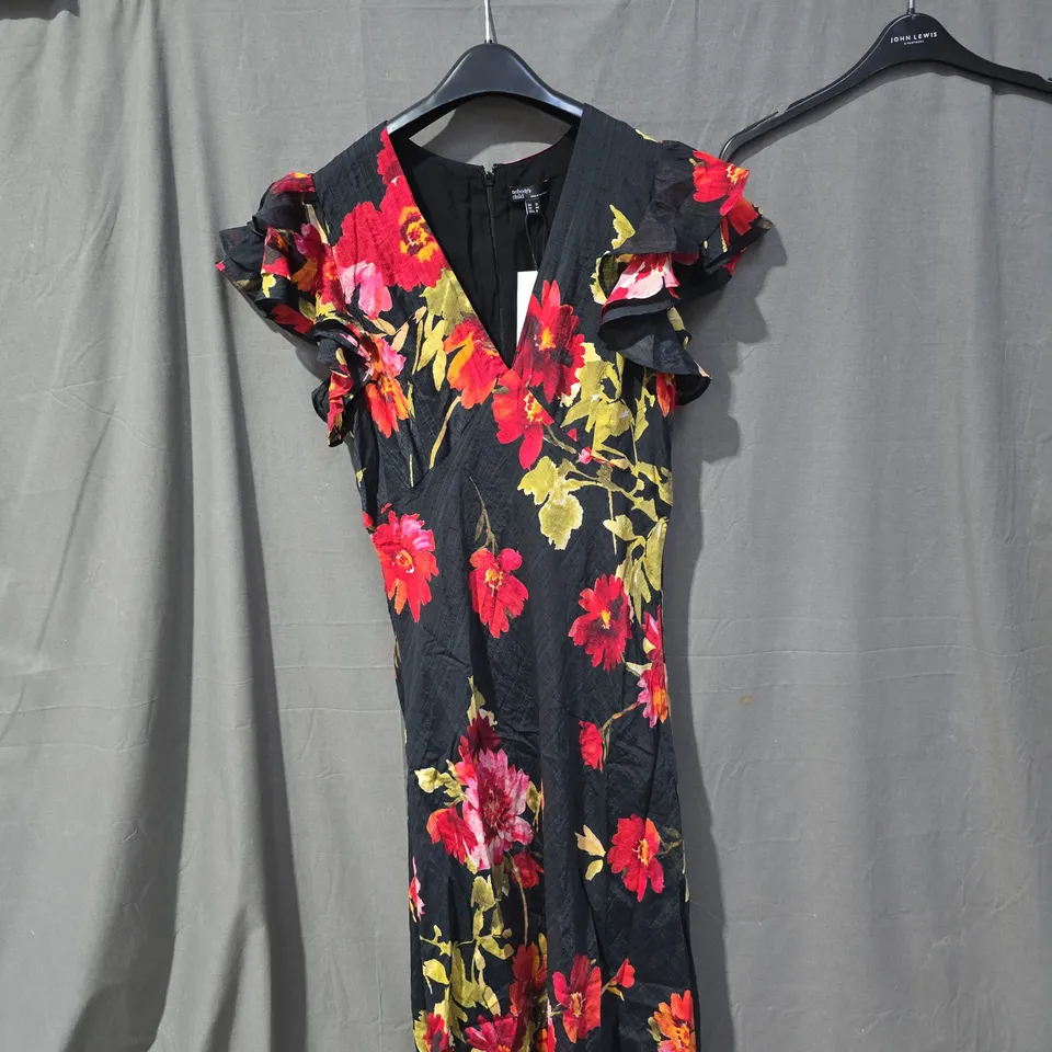 NOBODY'S CHILD FLORAL MAXI DRESS – BLACK WITH RED, PINK & YELLOW FLOWERS, UK 12