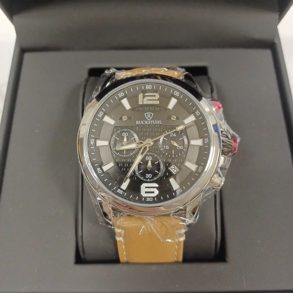 RUCKSTUHL AUTOMATIC BROWN LEATHER STRAP WRISTWATCH