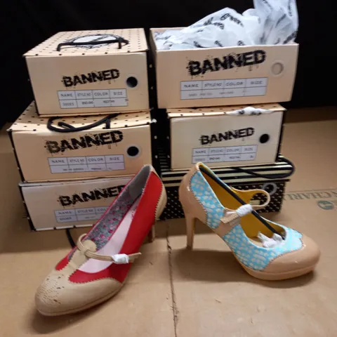 LOT OF 6 ASSORTED BOXED PAIRS OF BANNED HEELED SHOES IN VARIOUS SIZES