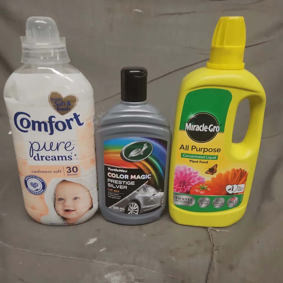 ASSORTED HOUSEHOLD PRODUCTS: COMFORT FABRIC SOFTENER, TURTLE WAX CAR WAX, MIRACLE-GRO PLANT FOOD
