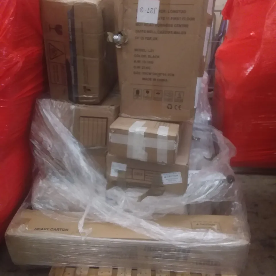 PALLET OF ASSORTED ITEMS INCLUDING OFFICE CHAIR, STORAGE DRESSING TOWER, TV UNIT