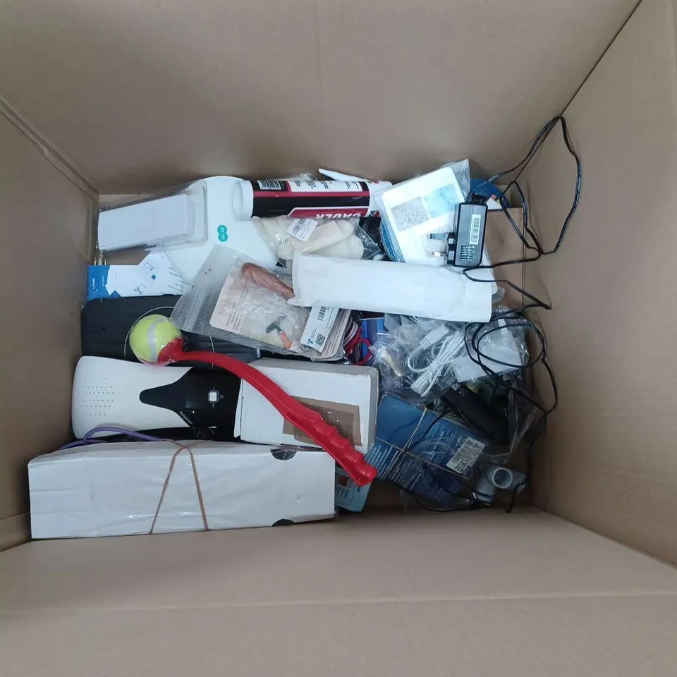 APPROXIMATELY 20 HOUSEHOLD AND ELECTRICAL ITEMS TO INCLUDE BROADBAND HUBS, DOG TOYS AND GAMES CONTROLLER