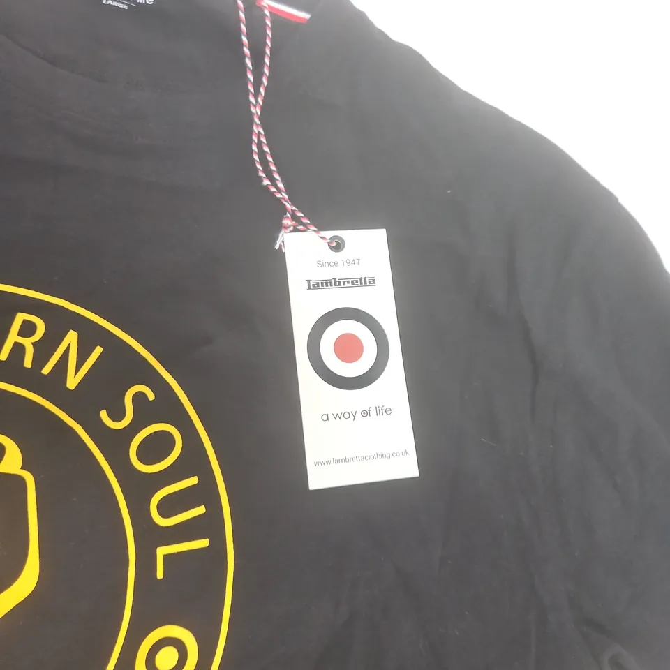 LAMBRETTA BLACK T-SHIRT – NORTHERN SOUL KEEP THE FAITH LOGO, UK LARGE