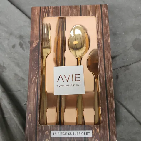 AVIE GLOW CUTLERY SET – 16 PIECE STAINLESS STEEL WITH GOLD FINISH, BOXED