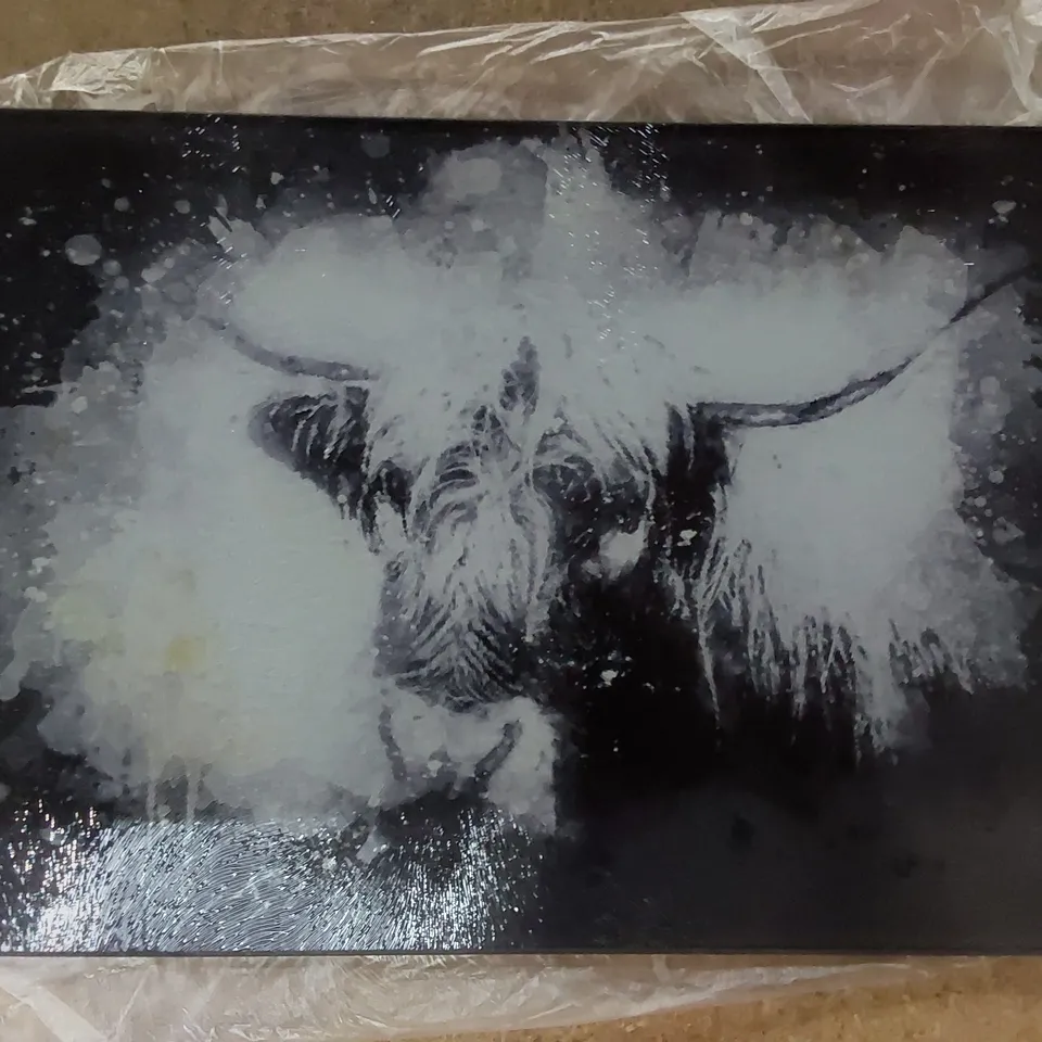 BOXED TEMPERED GLASS PAINT SPLATTERED HIGHLAND COW CHOPPING BOARD