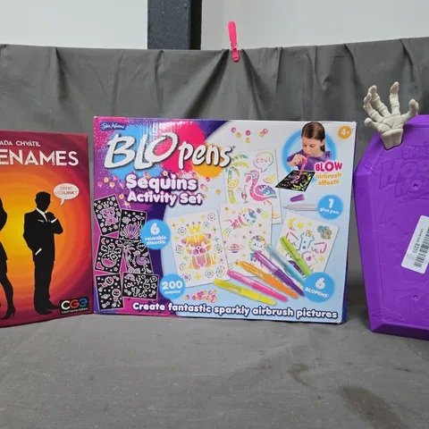 BOX OF APPROXIMATELY 10 ASSORTED TOYS AND GAMES TO INCLUDE CODENAMES, BLOPENS SEQUINS ACTIVITY SET, ETC - COLLECTION ONLY