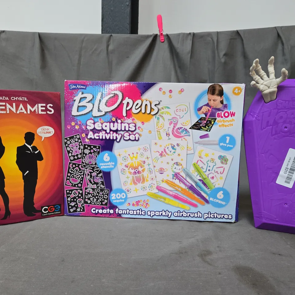 BOX OF APPROXIMATELY 10 ASSORTED TOYS AND GAMES TO INCLUDE CODENAMES, BLOPENS SEQUINS ACTIVITY SET, ETC - COLLECTION ONLY