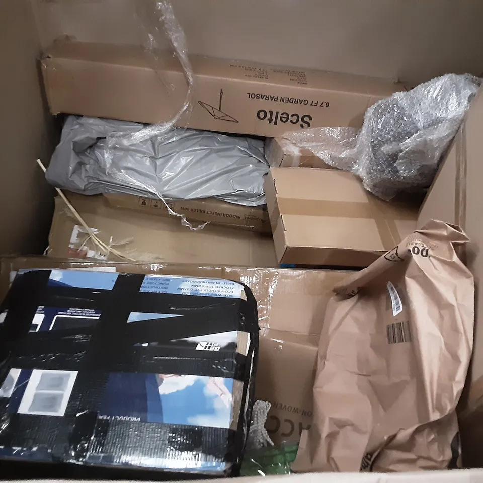 PALLET OF ASSORTED PRODUCTS INCLUDING DUPRAY MULTIUSE STEAM CLEANER, NORTHERN STONE 3-IN-1 SWING, KETIAN WALLPAPER,STAINLESS STEEL CURTAIN RAIL, ACCSTORE FABRIC WARDROBE, SCELTO GARDEN PARASOL