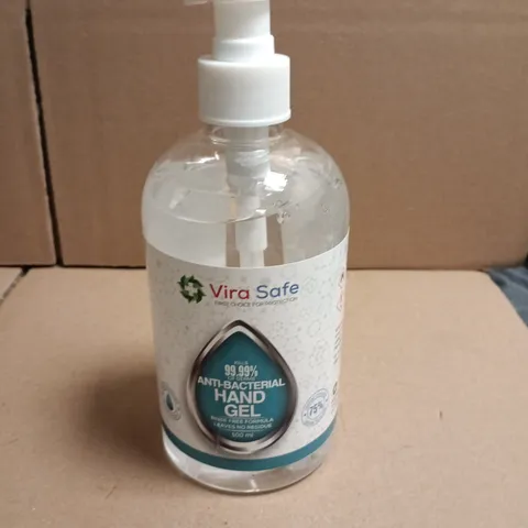 TOTE OF APPROXIMATELY 10 BOTTLES OF VIRA SAFE ANTI-BACTERIAL HAND GEL 500ML PER BOTTLE