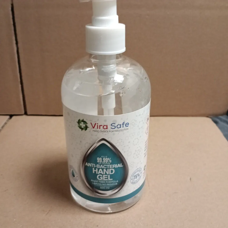 TOTE OF APPROXIMATELY 10 BOTTLES OF VIRA SAFE ANTI-BACTERIAL HAND GEL 500ML PER BOTTLE