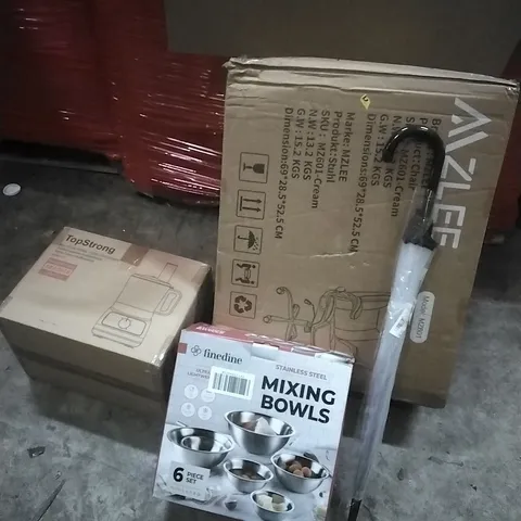 PALLET OF HOUSEHOLD ITEMS TO INCLUDE MIXING BOWLS,FOOD PROCESSOR, CHAIR,UMBRELLA AND OTHER ASSORTED ITEMS...