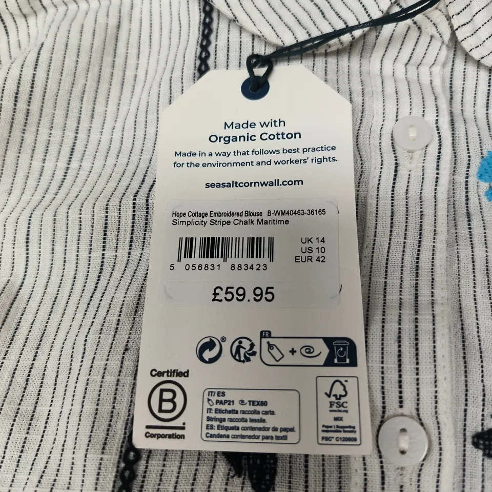 SEASALT CORNWALL HOPE COTTAGE EMBROIDERED BLOUSE STRIPE CHALK MARITIME SIZE 14 TAGGED RRP £59.95