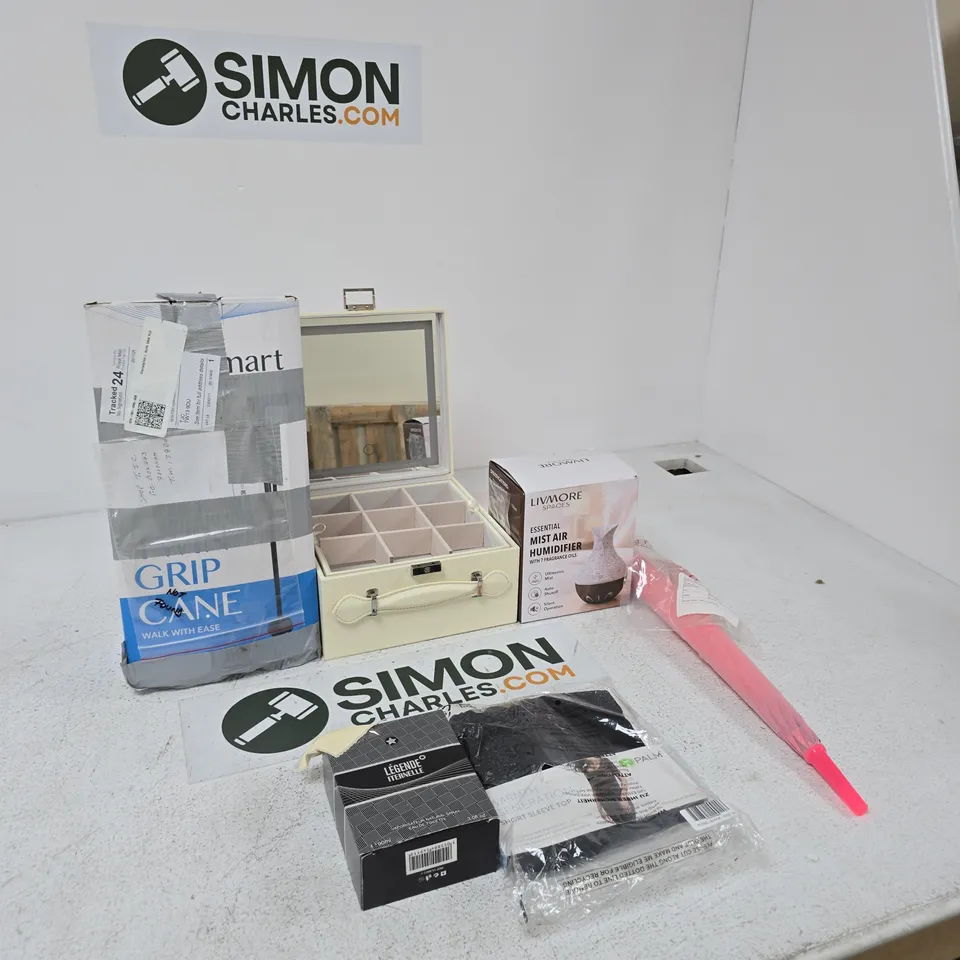 BOX OF APPROXIMATELY 10 ASSORTED ITEMS INCLUDING SOUL SMART TWIN GRIP CANE, LEGENDE ITERNELLE VAPORISATEUR NATURAL SPRAY AND PALM WARMTH GENERATION SHORT SLEEVE TOP