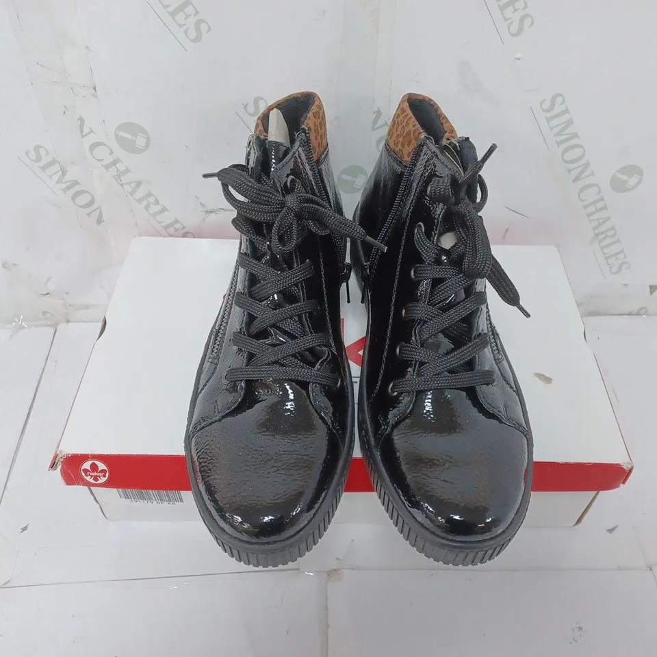 BOXED PAIR OF RIEKER BLACK HIGH TOP CUFFED TRAINERS - SIZE 8