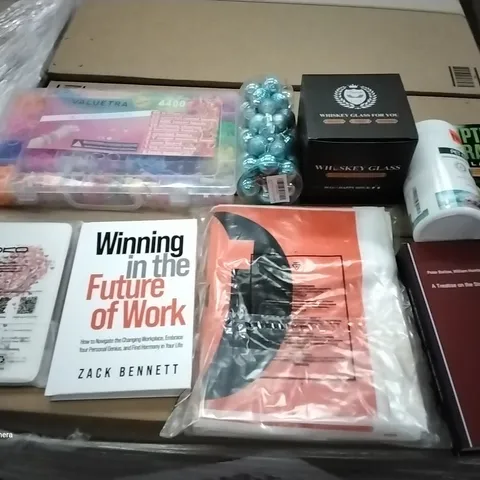 PALLET OF ASSORTED ITEMS INCLUDING MOKO IPAD MINI CASE, WINNING IN THE FUTURE OF WORK BOOK, WHISKEY GLASS, OPTIONS TRADING PLAYBACK, 46PK SMALL BLUE BAUBLES, HALLOWEEN DECORATIONS