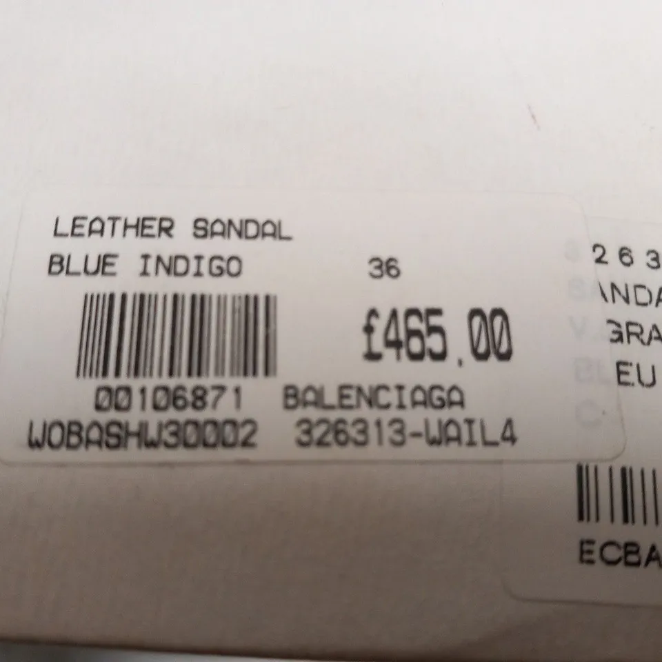 BOXED PAIR OF BALENCIAGA BLUE INDIGO LEATHER SANDAL SIZE 36