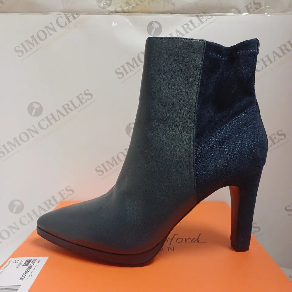 BOXED RUTH LANGSFORD PLATFORM LEATHER ANKLE BOOTS, NAVY - SIZE 6