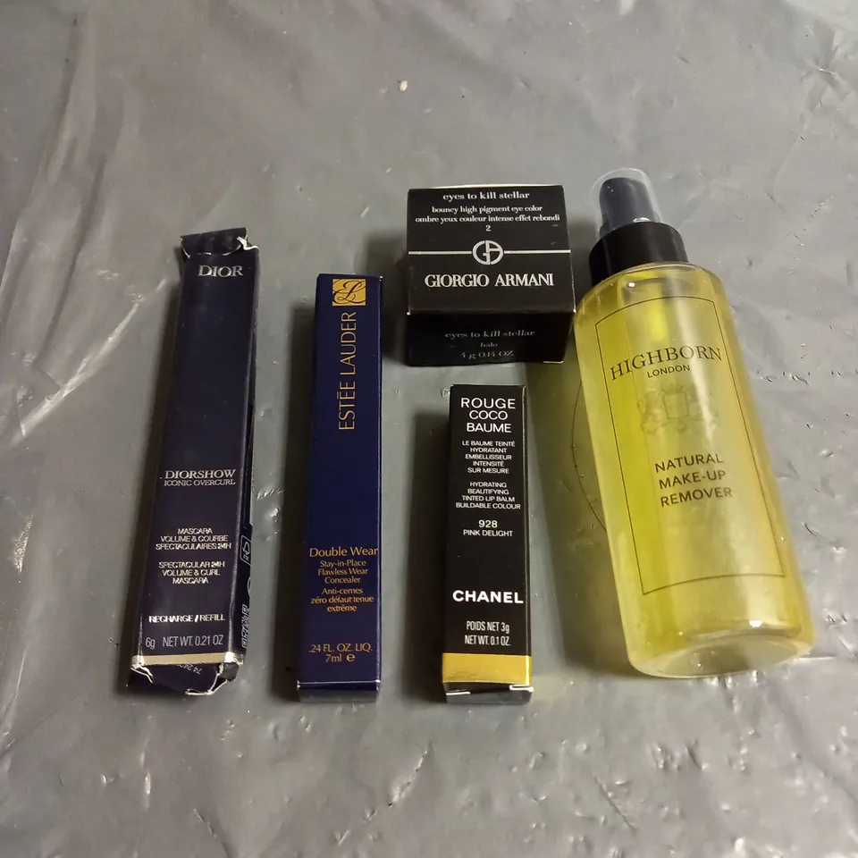 LOT OF 5 ASSORTED COSMETIC PRODUCTS TO INCLUDE - HIGHBORN MAKEUP REMOVER - CHANELPINK DELIGHT TINTED LIP BALM - ESTEE LAUDER 3N MEDIUM CONCEALER - ETC