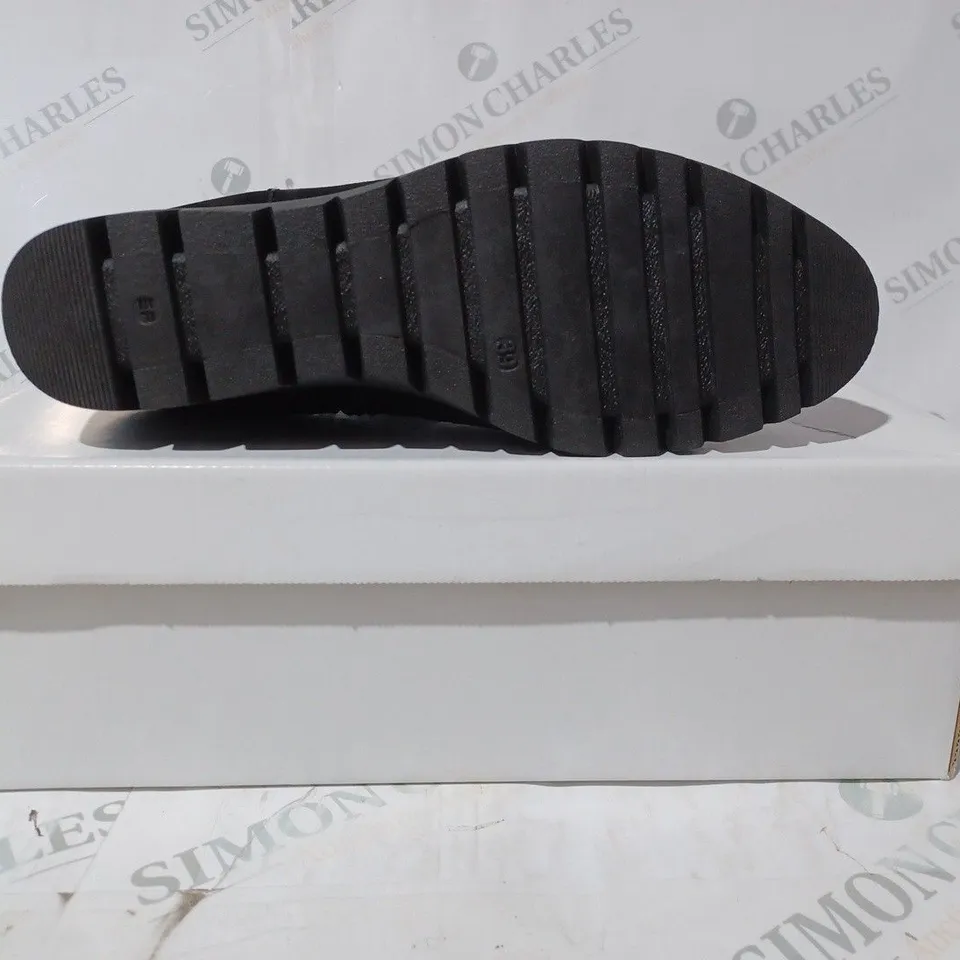 BOXED PAIR OF SHOON SUEDE SIDE-ZIP WEDGE ANKLE BOOTS IN BLACK UK SIZE 6