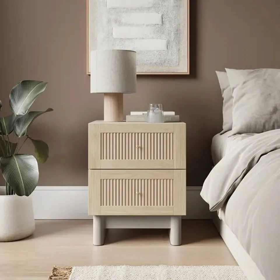 BOXED MAEVA 2 DRAWER WIDE BEDSIDE TABLE, LIGHT OAK EFFECT (1 BOX)