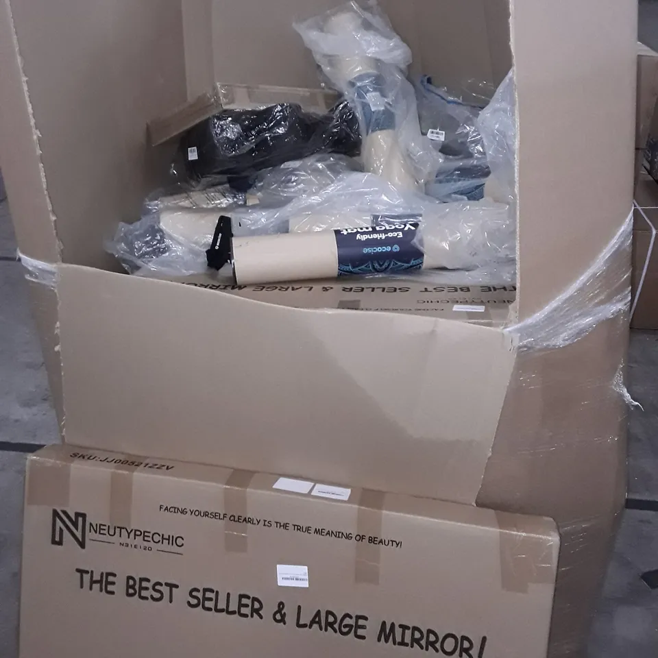 UNPROCESSED PALLET OF ASSORTED ITEMS TO INCLUDE FULL LENGTH MIRRORS, YOGA MATS AND CORK SHEETS